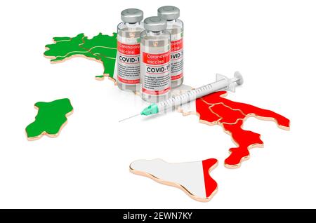 Vaccin et seringue avec carte italienne. Vaccination en Italie concept, rendu 3D isolé sur fond blanc Banque D'Images