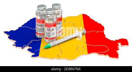 Vaccin et seringue avec MAP roumain. Vaccination en Roumanie concept, rendu 3D isolé sur fond blanc Banque D'Images