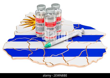 Vaccin et seringue avec carte uruguayenne. Vaccination en Uruguay concept, rendu 3D isolé sur fond blanc Banque D'Images