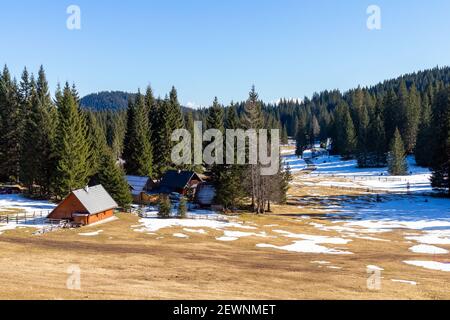 Forêt paysage d'hiver avec de petites maisons dans les Alpes slovènes. Banque D'Images