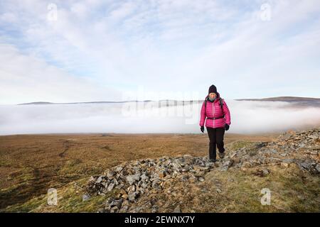 Teesdale, comté de Durham, Royaume-Uni. 3 mars 2021. Météo Royaume-Uni. Une femme bénéficie d'une vue spectaculaire au-dessus des nuages tandis qu'une inversion de température crée un brouillard épais à des niveaux inférieurs dans le nord-est de l'Angleterre. Crédit : David Forster/Alamy Live News Banque D'Images