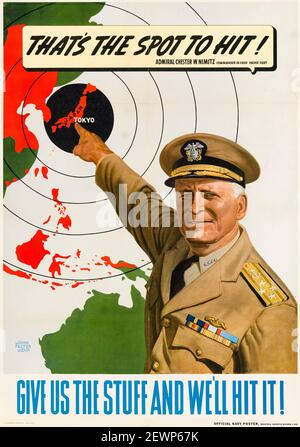 American, US, WW2, productivité poster: Donnez-nous le truc et nous allons le frapper!, avec l'amiral Chester W Nimitz, artiste John Philip falter, 1944 Banque D'Images