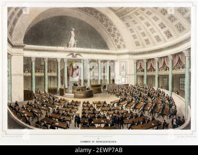 Vue intérieure du XIXe siècle de la Chambre des représentants des États-Unis, Capitole des États-Unis, Washington DC, imprimé par Isidore Laurent Deroy, après Augustus Kollner, vers 1850 Banque D'Images