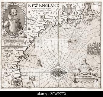 Carte du début du XVIIe siècle de la Virginie, de la Nouvelle-Angleterre et des îles d'été, avec un portrait de John Smith, amiral de la Nouvelle-Angleterre, carte après John Smith, 1624 Banque D'Images