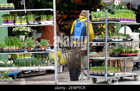Munich, Allemagne. 03ème mars 2021. Une femme est debout devant un fleuriste sur le Viktualienmarkt. Credit: Peter Kneffel/dpa/Alay Live News Banque D'Images