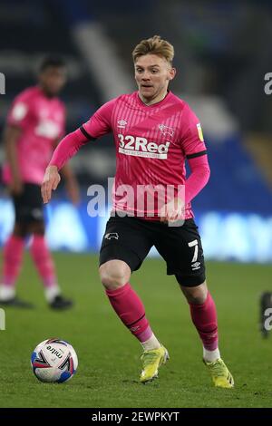 Cardiff, Royaume-Uni. 02 mars 2021. Kamil Jozwiak du comté de Derby en action. EFL Skybet Championship Match, Cardiff City v Derby County au Cardiff City Stadium de Cardiff, pays de Galles, le mardi 2 mars 2021. Cette image ne peut être utilisée qu'à des fins éditoriales. Utilisation éditoriale uniquement, licence requise pour une utilisation commerciale. Aucune utilisation dans les Paris, les jeux ou les publications d'un seul club/ligue/joueur. photo par Andrew Orchard/Andrew Orchard sports Photography/Alamy Live News crédit: Andrew Orchard sports Photography/Alamy Live News Banque D'Images