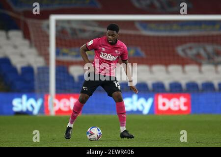 Cardiff, Royaume-Uni. 02 mars 2021. Teden Mengi du comté de Derby en action. EFL Skybet Championship Match, Cardiff City v Derby County au Cardiff City Stadium de Cardiff, pays de Galles, le mardi 2 mars 2021. Cette image ne peut être utilisée qu'à des fins éditoriales. Utilisation éditoriale uniquement, licence requise pour une utilisation commerciale. Aucune utilisation dans les Paris, les jeux ou les publications d'un seul club/ligue/joueur. photo par Andrew Orchard/Andrew Orchard sports Photography/Alamy Live News crédit: Andrew Orchard sports Photography/Alamy Live News Banque D'Images