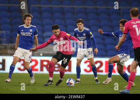 Cardiff, Royaume-Uni. 02 mars 2021. Lee Buchanan du comté de Derby en action (c). EFL Skybet Championship Match, Cardiff City v Derby County au Cardiff City Stadium de Cardiff, pays de Galles, le mardi 2 mars 2021. Cette image ne peut être utilisée qu'à des fins éditoriales. Utilisation éditoriale uniquement, licence requise pour une utilisation commerciale. Aucune utilisation dans les Paris, les jeux ou les publications d'un seul club/ligue/joueur. photo par Andrew Orchard/Andrew Orchard sports Photography/Alamy Live News crédit: Andrew Orchard sports Photography/Alamy Live News Banque D'Images