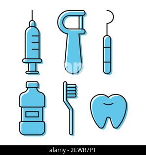 Set Tooth Whiteing concept, flacon en plastique de bain de bouche et seringue médicale dentaire, brosse à dents, fil dentaire, nettoyant dentaire Illustration de Vecteur