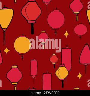 Festival de lanternes chinoises à fond vectoriel rouge, fond sans couture. Illustration de Vecteur