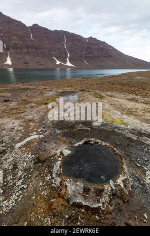 Les sources d'eau chaude du fjord Romer, du Scoresbysund, de l'est du Groenland, des régions polaires Banque D'Images