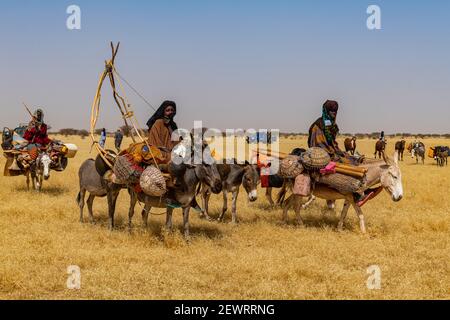 Peul femme avec ses enfants sur leurs ânes au Sahel, au Niger, en Afrique Banque D'Images