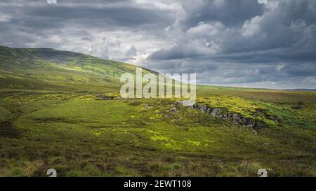 Collines verdoyantes et champs illuminés par la lumière du soleil dans le parc de la montagne Cuilcagh avec ciel orageux spectaculaire, Irlande du Nord Banque D'Images