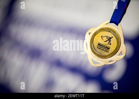 L'illustration montre la médaille d'or photographiée avant les championnats européens d'athlétisme en salle, à Torun, en Pologne, le mercredi 03 mars 2021. Banque D'Images