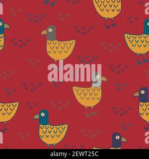 Motif vectoriel transparent avec oiseaux sur fond rouge. Papier peint rétro simple avec pigeon. Tissu de mode de canard abstrait vintage. Illustration de Vecteur