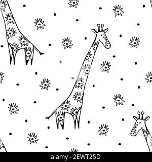 Motif vectoriel sans couture avec girafes sur fond blanc. Papier peint animal avec contour pour les enfants. Textile de mode de la faune africaine dessiné à la main. Illustration de Vecteur