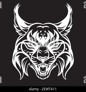 Mascotte. Tête vectorielle de lynx. Illustration blanche du bobcat de danger isolé sur fond noir. Pour la décoration, l'impression, le design, le logo, les clubs sportifs, tatouage Illustration de Vecteur