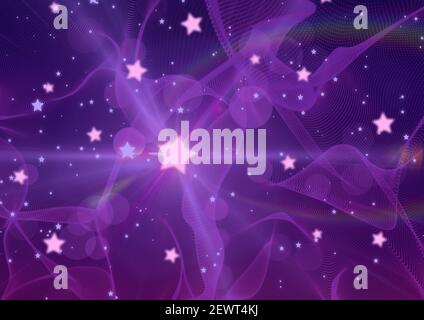 Étoiles roses et bleues brillantes sur des pistes lumineuses et des violettes taches sur fond violet Banque D'Images