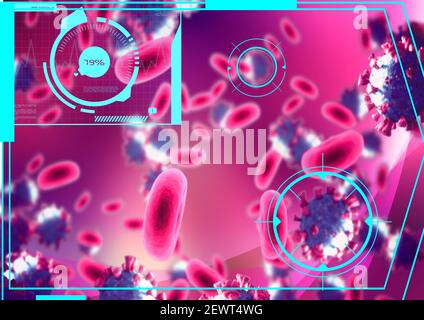 Traitement de données scientifiques avec des oscilloscopes scannant avec Covid 19 et globules rouges sur fond rose Banque D'Images