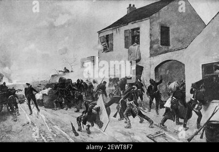 Une illustration ancienne des troupes allemandes attaquées par des soldats français lors de la bataille de Beaune-la-Rolande le 28 novembre 1870 pendant la guerre franco-prussienne de 1870. Un conflit entre le deuxième Empire français et les États allemands de la Confédération du Nord-Allemagne dirigé par le Royaume de Prusse, il a duré du 19 juillet 1870 au 28 janvier 1871. Illustré par Heinrich Breling vers 1891 Banque D'Images