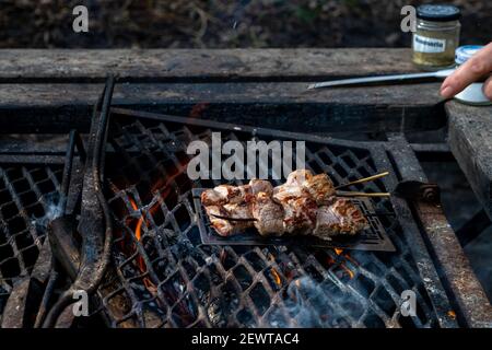 Souvlakia cuisiné au foyer d'un camping. Arrière-plan sombre Banque D'Images