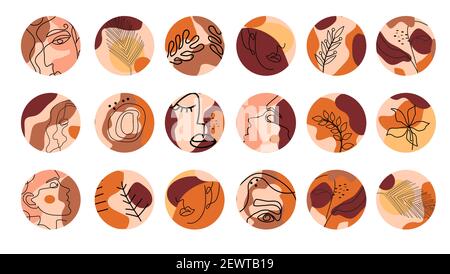 Ensemble d'éléments esthétiques créatifs et contemporains, caches vectoriels. Arrière-plans abstraits avec visages, plantes en forme de rond. Vecteur Illustration de Vecteur