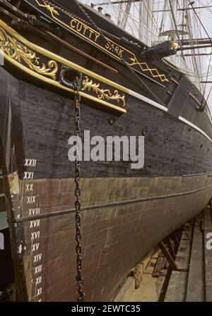 La coque de la tondeuse à thé Cutty Sark, Greenwich, Londres, Angleterre Banque D'Images