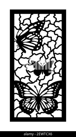 Modèle CNC avec papillon. Panneau décoratif, écran, mur. Panneau cnc à papillon vectoriel pour découpe au laser. Gabarit pour cloison intérieure, séparateur de salle Illustration de Vecteur