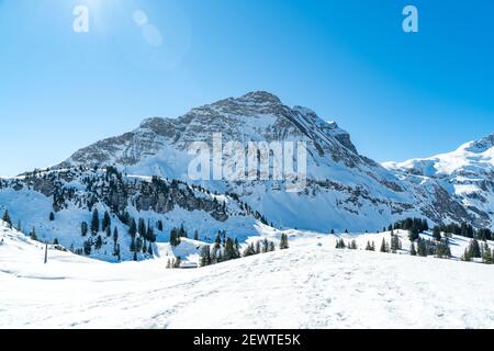 L'hiver est magnifique dans la forêt de Bregenz, Körbersee avec Mohnenfluh et les montagnes enneigées autour. Les forêts et les prairies alpines dans la zone de ski salober Banque D'Images