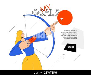 Mes objectifs - moderne coloré modèle plat illustration de style. Développement personnel, motivation et réussite commerciale. Une composition avec une femme tient Illustration de Vecteur