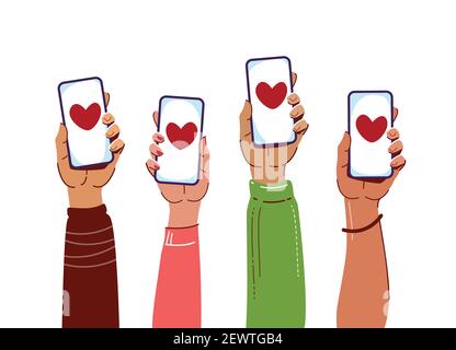 Mains tenant les smartphones. Personnes qui interagissent sur les réseaux sociaux ou sur le réseau. Illustration du vecteur plat de communication en ligne Illustration de Vecteur