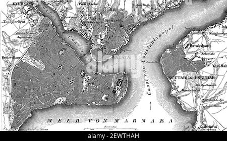 Carte de Constantinople, Istanbul, et les banlieues et le Bosphore, Turquie, en 1880 / Landkarte von Konstantinopel, Istanbul, und Vorstädte und Bosporus, Türkei, im Jahre 1880, Historisch, historique, Digital reproduction améliorée d'un original du 19ème siècle / digitale Reproduktion einer Originalvorlage aus dem 19. Jahrhundert, Banque D'Images