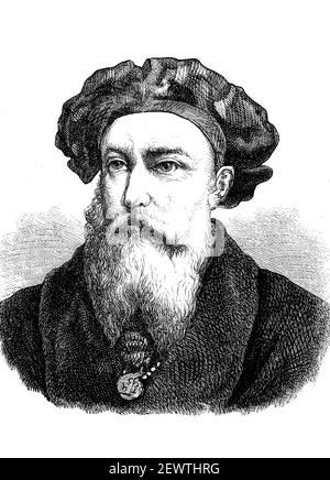 Dom Vasco da Gama, c. 1469 - 24 décembre 1524, un navigateur portugais et découvreur de la route de la mer autour du Cap de bonne espérance à l'Inde, ainsi que la 2ème vice-roi des Indes portugaises / Dom Vasco da Gama, UM 1469 - 24. Dezember 1524, in portugiesischer Seefahrer und Entdecker des Seewegs UM das Kap der Guten Hoffnung nach Indien der 2. Vizekönig Portugiesisch-Indiens, Historisch, historique, numérique reproduction améliorée d'un original du 19ème siècle / digitale Reproduktion einer Originalvorlage aus dem 19. Jahrhundert, Banque D'Images