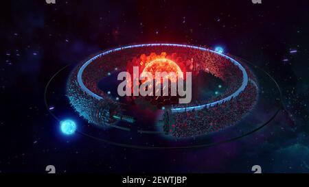 Ville futuriste de Sci-fi sur un ring planète avec des structures de cyber-punk Banque D'Images