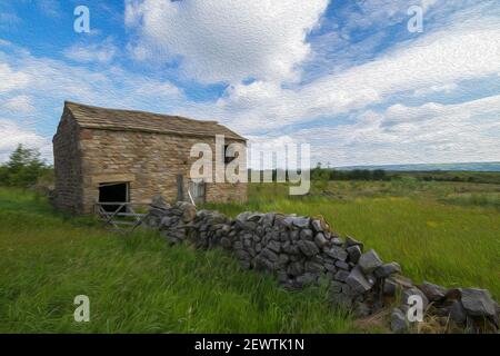 Ancienne ferme en pierre à côté d'une porte en bois et d'un mur en pierre calcaire, le pont Pateley, North Yorkshire, Royaume-Uni - image d'aquarelle numérique. Banque D'Images