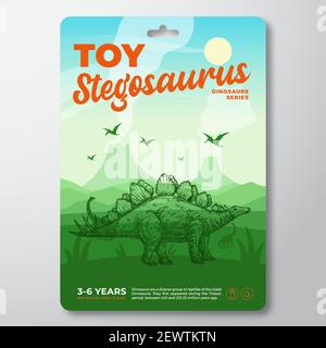 Modèle d'étiquette de dinosaure de jouet. Résumé Vector Packaging Design Layout. Typographie moderne avec paysage de volcan préhistorique et Stegosaurus dessiné à la main Illustration de Vecteur