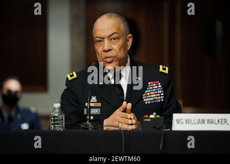 Le général de division William Walker de l'armée, commandant général de la Garde nationale du District de Columbia, répond aux questions lors d'une audience conjointe du Sénat sur la sécurité intérieure et les affaires gouvernementales et le Règlement et l'administration du Sénat le mercredi 3 mars 2021 pour discuter de l'attaque du 6 janvier contre le Capitole des États-Unis. Photo de Greg Nash/Pool/ABACAPRESS.COM Banque D'Images