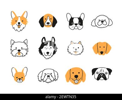 Ensemble de têtes de chiens de différentes races. Corgi, Pug, Chihuahua, Terrier, Retriever, Dachshund, Poodle. Illustration de Vecteur