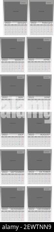 Calendrier pour 2022, douze mois chacun sur une page. Début de la semaine à partir du lundi. Niveaux de gris monochrome. Illustration de Vecteur