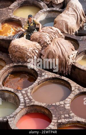 Un local à côté de peaux d'animaux empilées et de fosses de terre en nid d'abeille à la Tannery Chouara, Fès, Maroc Banque D'Images