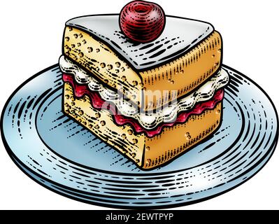 Gâteau Eponge Slice Jam Cream Woodcut dessin Illustration de Vecteur