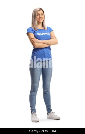 Portrait complet d'une jeune femme bénévole souriant isolée sur fond blanc Banque D'Images