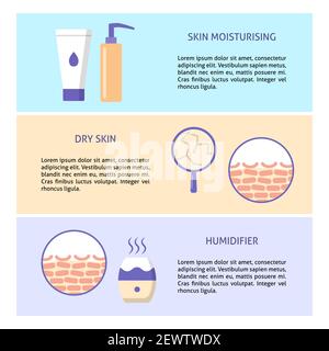 Modèles de prospectus de concept de soins pour la peau sèche de style plat avec place pour le texte. Illustrations cosmétiques pour bannière ou affiche. Image vectorielle. Illustration de Vecteur