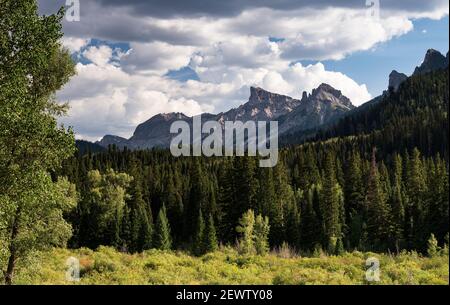 13,144 pieds / 4,006 mètres de pic de précipice et 12,742 pieds / 3,884 mètres de Dunsimere Mountain dominent la ligne d'horizon de la Cimarron Valley, Colorado. Banque D'Images