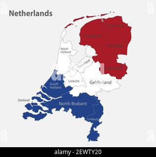 Carte des pays-Bas dans les couleurs du drapeau avec vecteur de divisions administratives Illustration de Vecteur