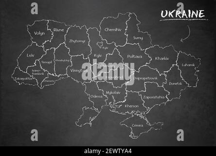 Ukraine carte de la division administrative, sépare les régions et les noms région, carte de conception noir, le vecteur de tableau noir Illustration de Vecteur