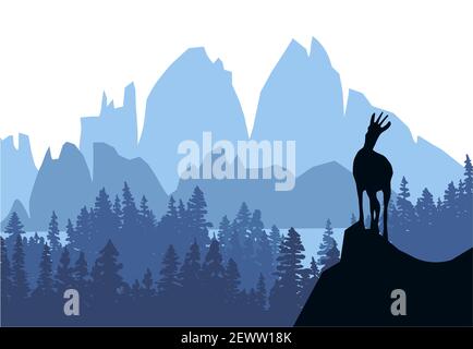 Un chamois se dresse au sommet d'une colline avec des montagnes et une forêt en arrière-plan. Silhouette noire avec fond bleu. Illustration. Banque D'Images