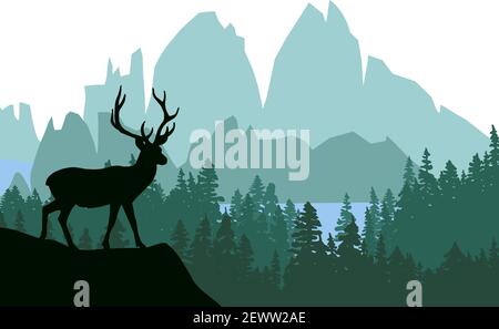 Cerf avec des bois posant sur le sommet de la colline avec des montagnes et la forêt en arrière-plan. Silhouette avec fond vert, illustration. Illustration de Vecteur