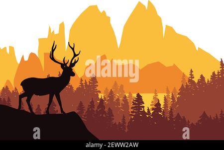 Cerf avec des bois posant sur le sommet de la colline avec des montagnes et la forêt en arrière-plan. Silhouette, illustration. Illustration de Vecteur