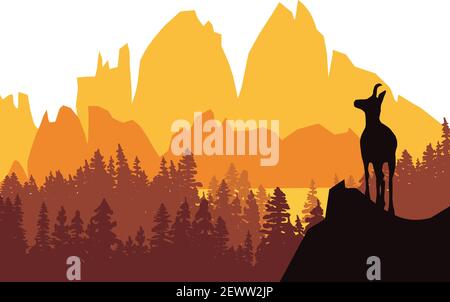 Un chamois se dresse au sommet d'une colline avec des montagnes et une forêt en arrière-plan. Silhouette noire avec fond orange, jaune et marron. Illustration Illustration de Vecteur